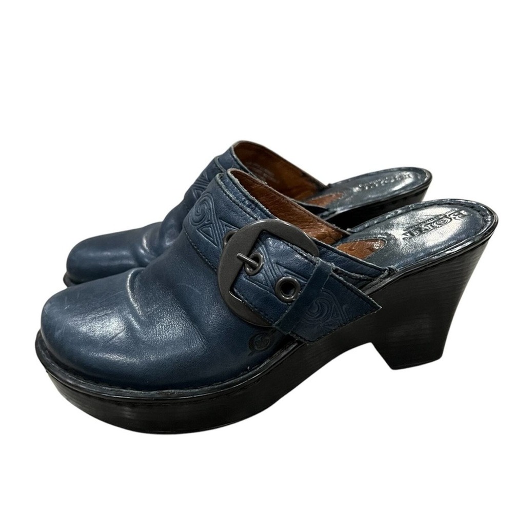Born women's 8 Leather Dark Blue Floral Embossed Slip On Mule Clog Platforms Y2k - Picture 2 of 8